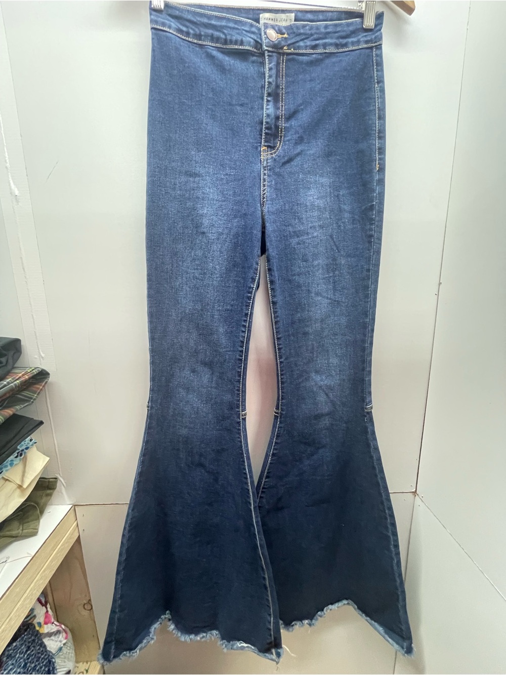 Hammer Jeans Dark Blue High-Rise Flare Bell Bottom Jeans with Raw Hem‎